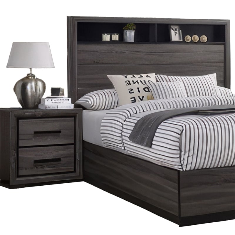 Kalie 4pc Queen Bedroom Set with Bookcase Headboard- Storage- Gray Wood
