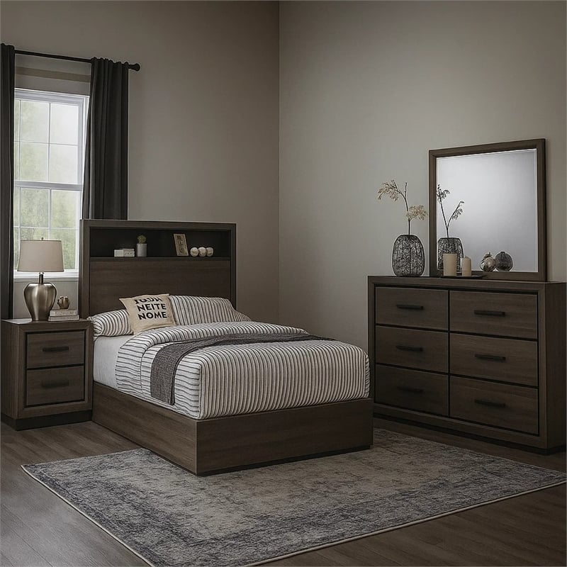 Kalie 4pc Queen Bedroom Set with Bookcase Headboard- Storage- Gray Wood