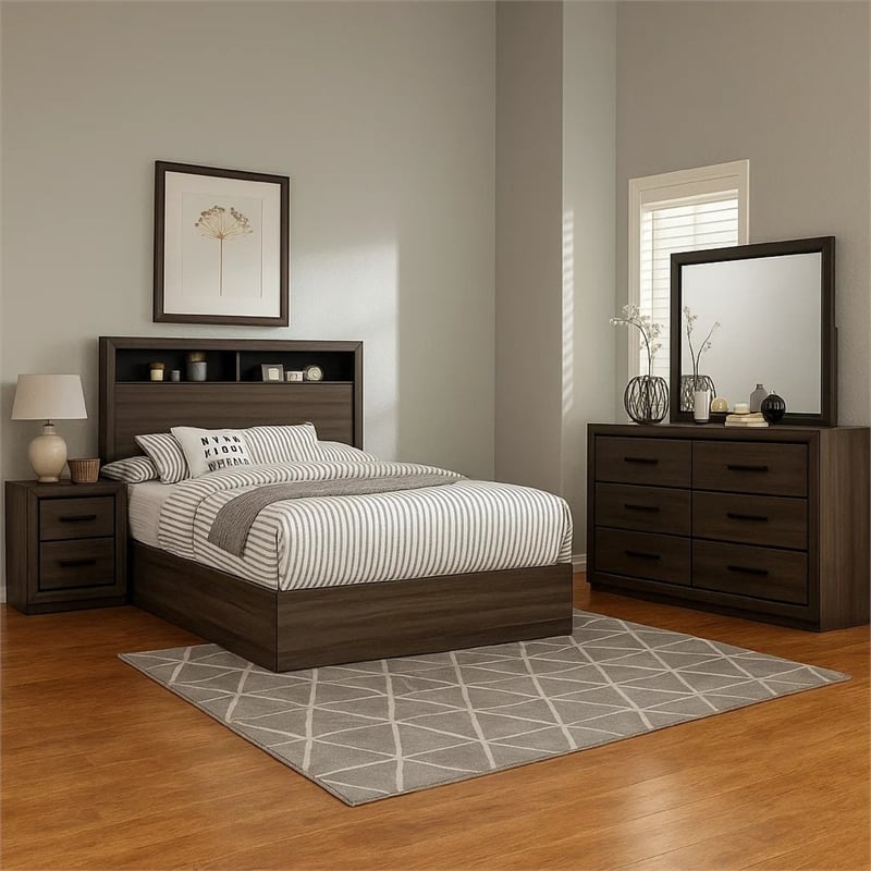 Kalie 4pc Queen Bedroom Set with Bookcase Headboard- Storage- Gray Wood