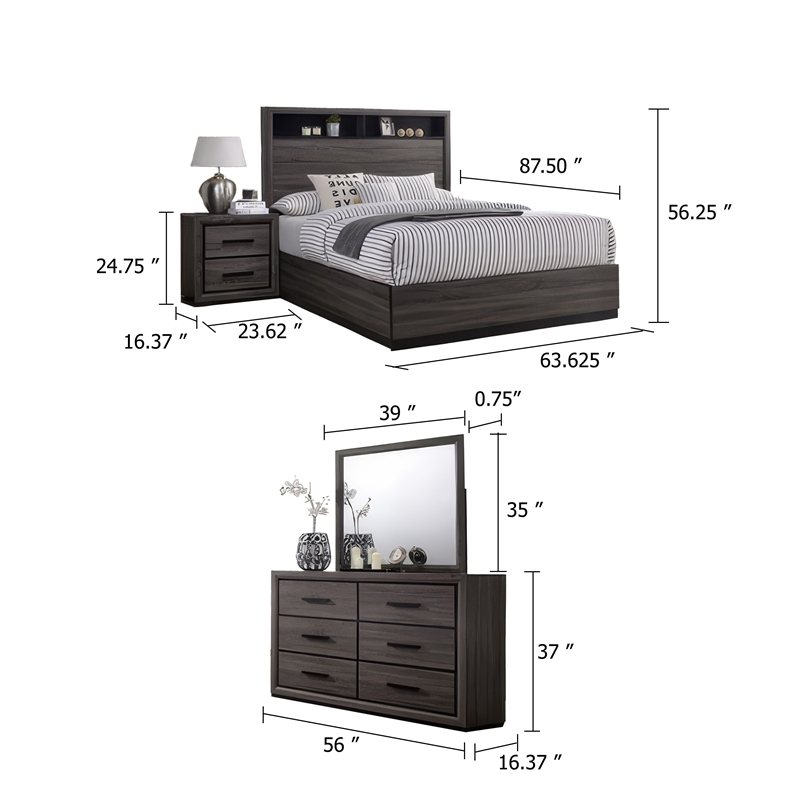 Kalie 5pc Queen Bedroom Set with Bookcase Headboard- 2 Nightstands- Gray