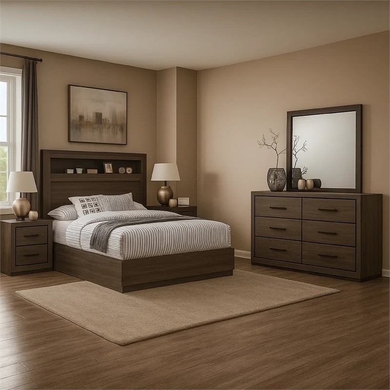 Kalie 5pc Queen Bedroom Set with Bookcase Headboard- 2 Nightstands- Gray