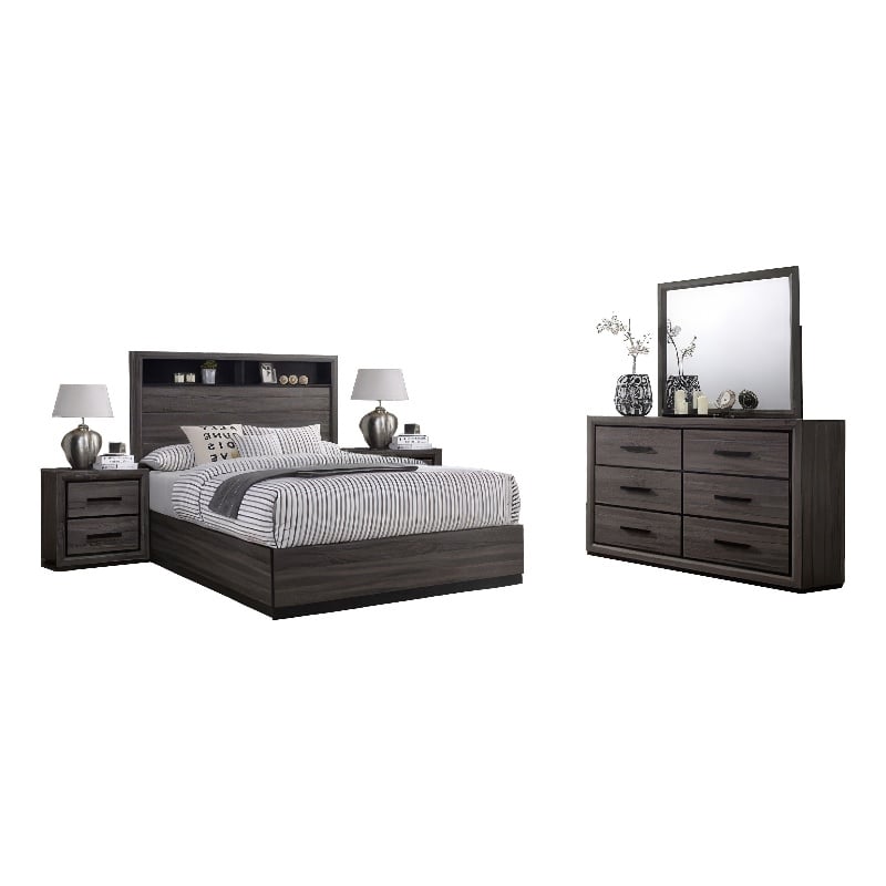 Kalie 5pc Queen Bedroom Set with Bookcase Headboard- 2 Nightstands- Gray