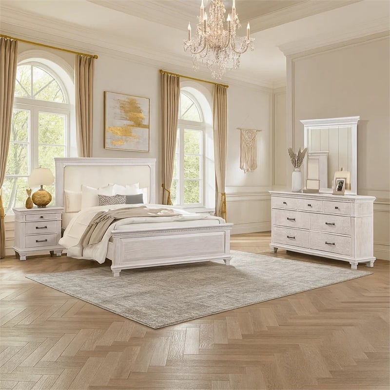 Leyne 4pc Queen Bedroom Set- Cream Upholstery- Weathered Gray