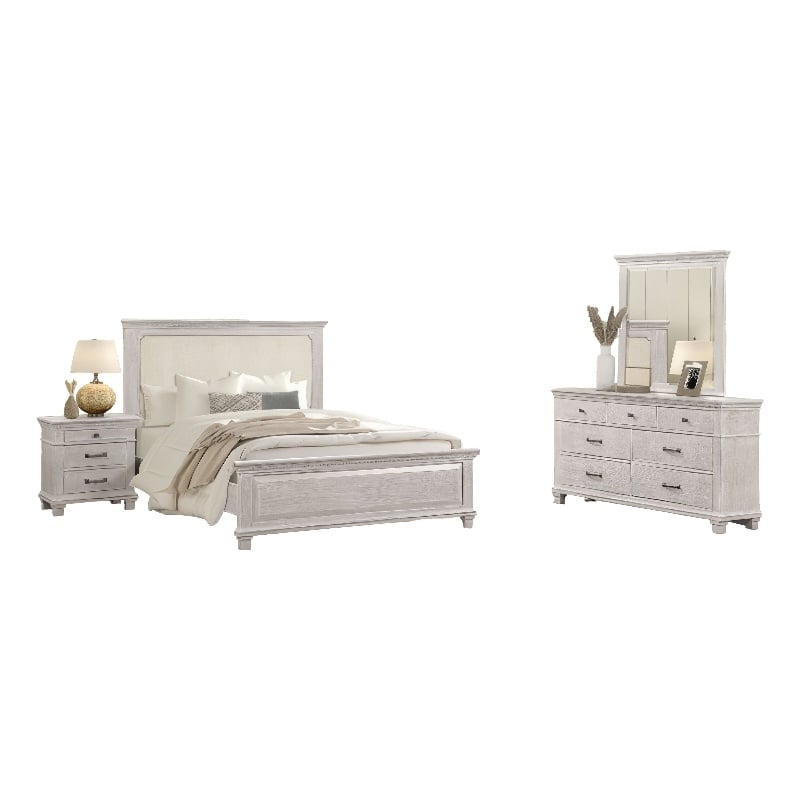 Leyne 4pc Queen Bedroom Set- Cream Upholstery- Weathered Gray