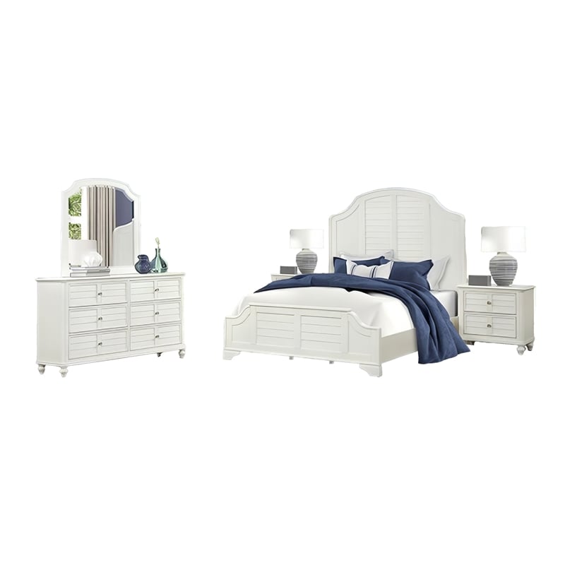 Kyna 5pc Queen Bedroom Set- Curved Louvre- Antique White- 2 Nightstands