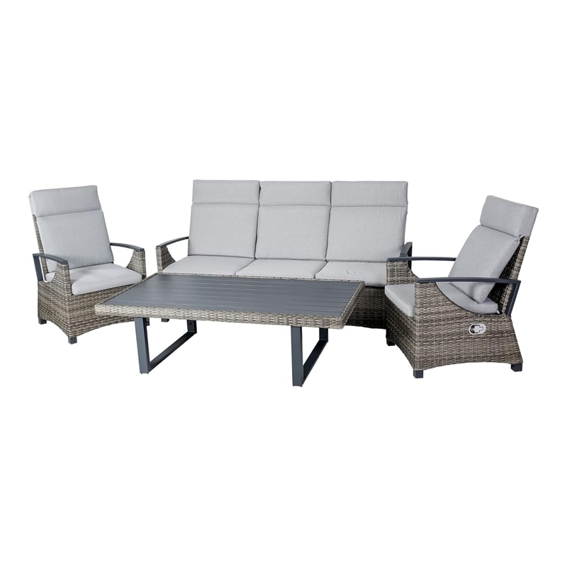 Lona 4pc Outdoor Sofa and Table Set w Gray Cushions- 2 Chairs- Black