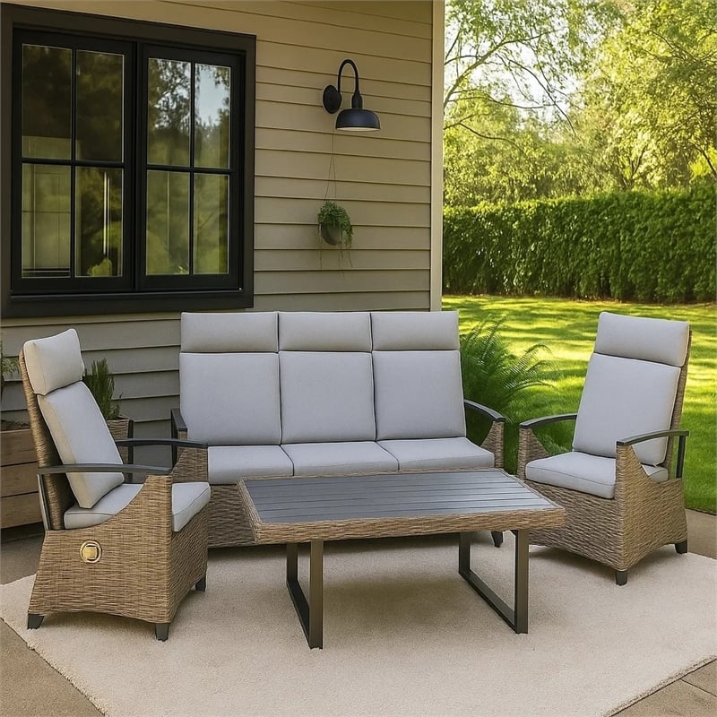 Lona 4pc Outdoor Sofa and Table Set w Gray Cushions- 2 Chairs- Black