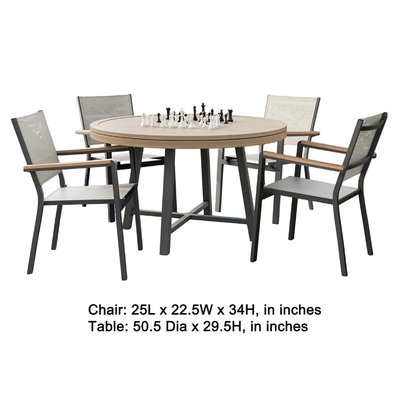 Nily 5pc Outdoor Poker Chess Game Table Set w Stacking Chairs- Teak Wood