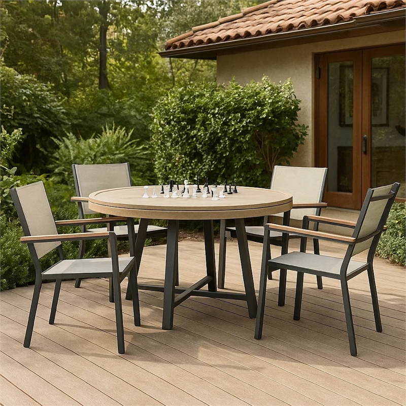 Nily 5pc Outdoor Poker Chess Game Table Set w Stacking Chairs- Teak Wood