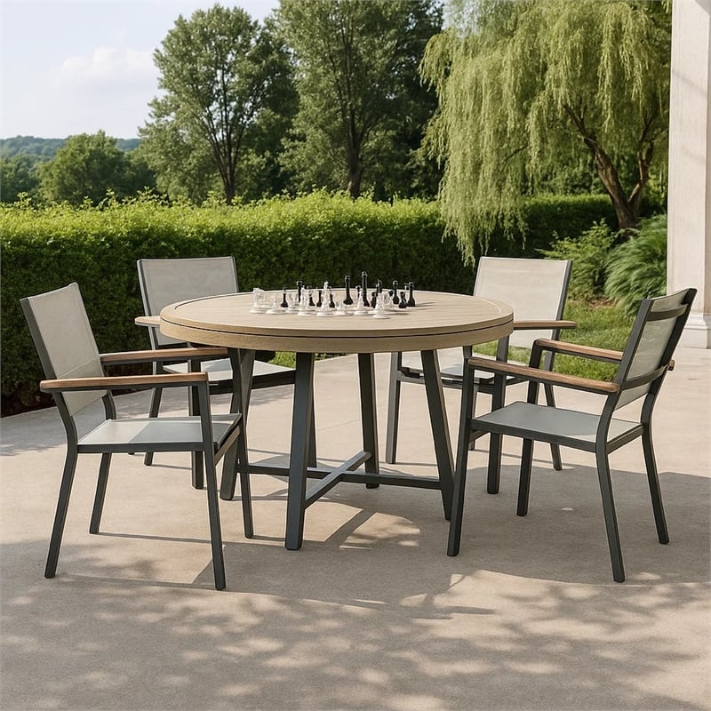 Nily 5pc Outdoor Poker Chess Game Table Set w Stacking Chairs- Teak Wood