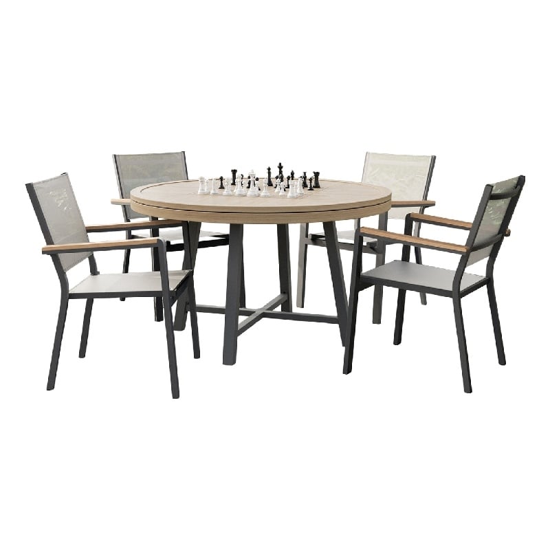 Nily 5pc Outdoor Poker Chess Game Table Set w Stacking Chairs- Teak Wood