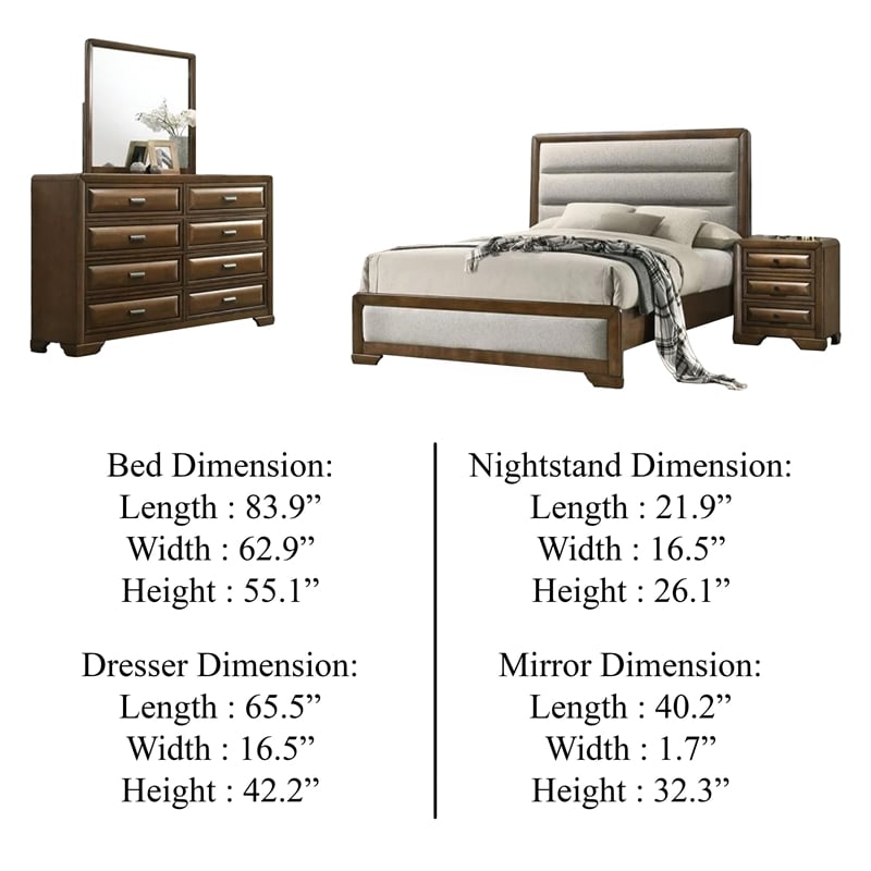 Cair 4pc Queen Bedroom Set- Channel Light Gray Upholstery- Brown