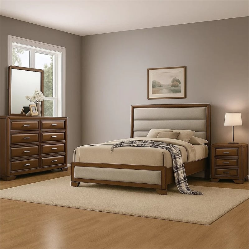 Cair 4pc Queen Bedroom Set- Channel Light Gray Upholstery- Brown