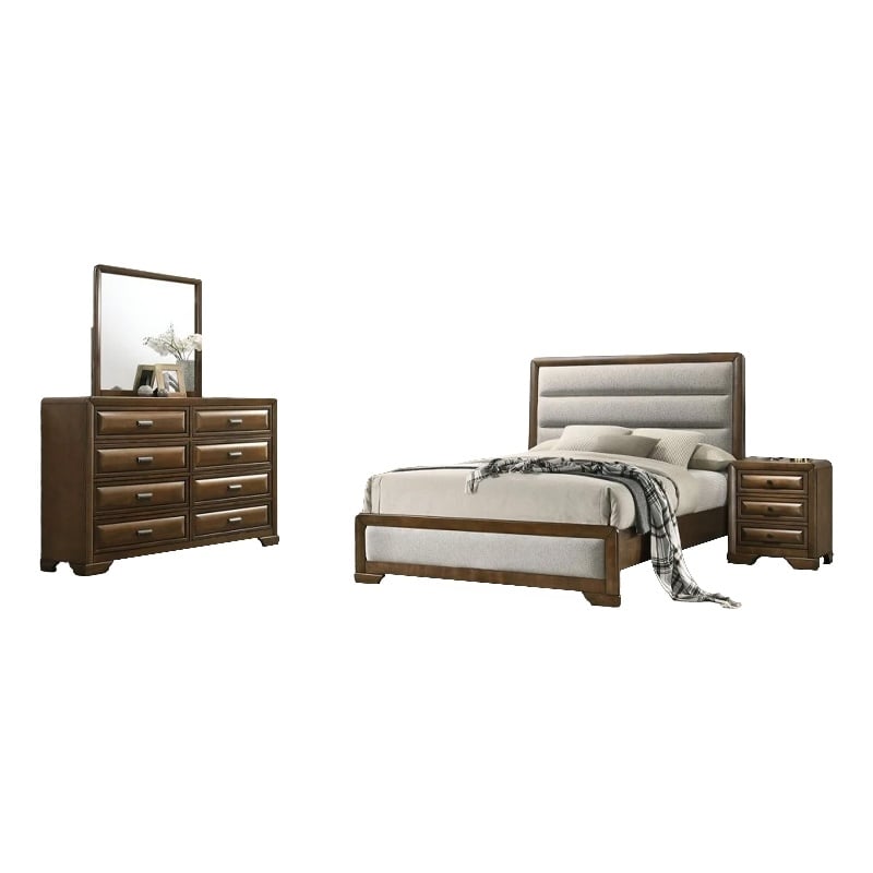 Cair 4pc Queen Bedroom Set- Channel Light Gray Upholstery- Brown
