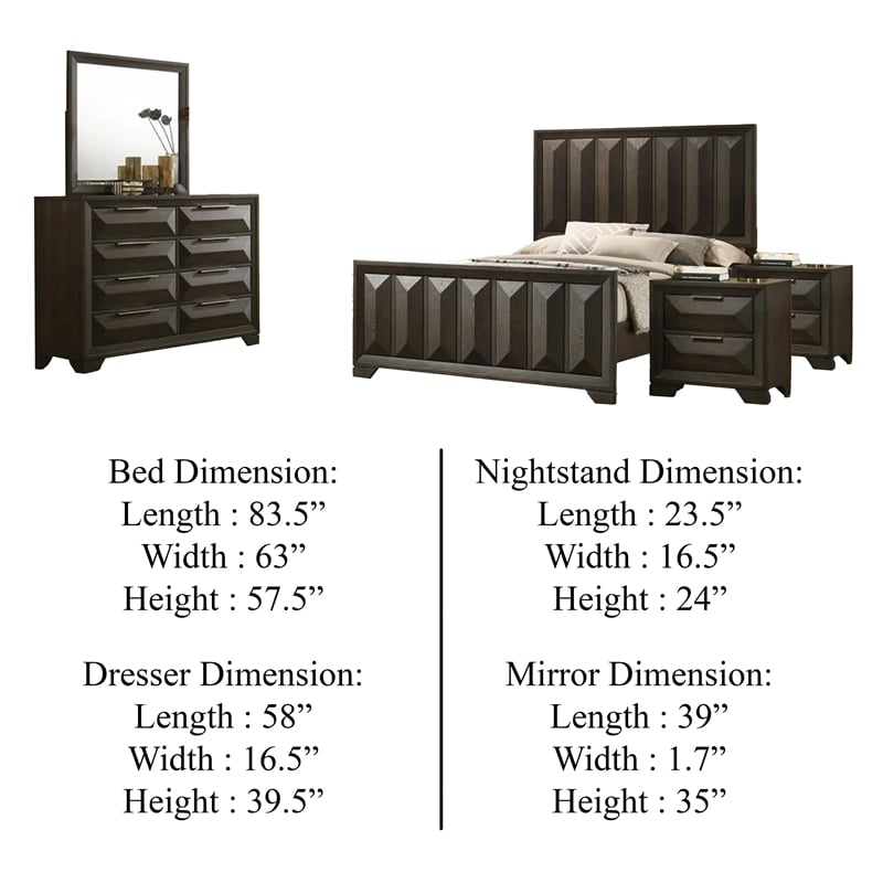 Fema 5pc Queen Bedroom Set- Vertical Faceted Panel- 2 Nightstands- Brown