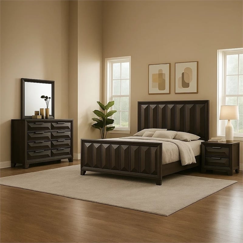Fema 5pc Queen Bedroom Set- Vertical Faceted Panel- 2 Nightstands- Brown