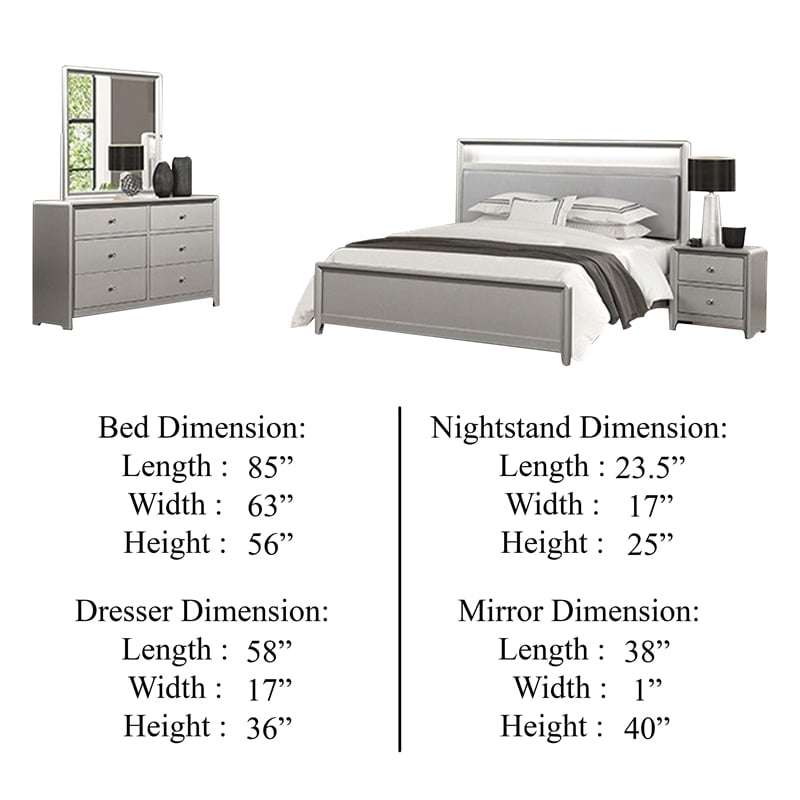 Broy 5pc Queen Bedroom Set- LED Bookcase Headboard- 2 Nightstands- Silver