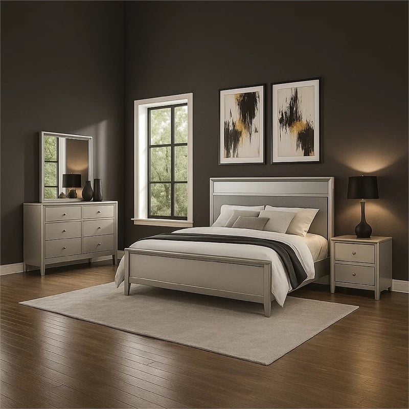 Broy 5pc Queen Bedroom Set- LED Bookcase Headboard- 2 Nightstands- Silver