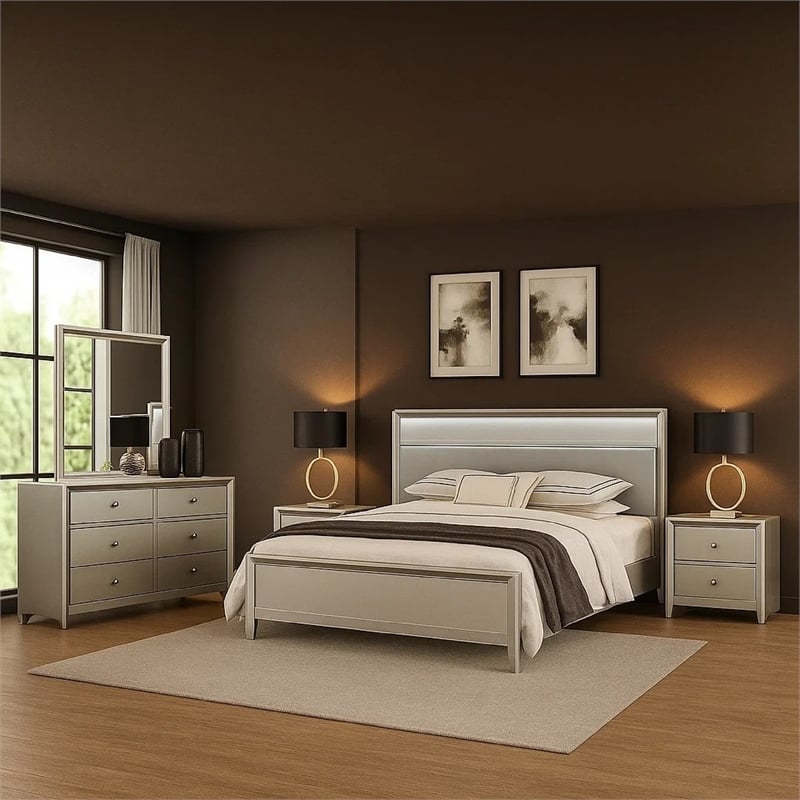 Broy 5pc Queen Bedroom Set- LED Bookcase Headboard- 2 Nightstands- Silver
