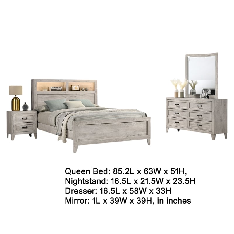 Miot 4pc Queen Bedroom Set- Headboard Shelves w Light- Whitewash