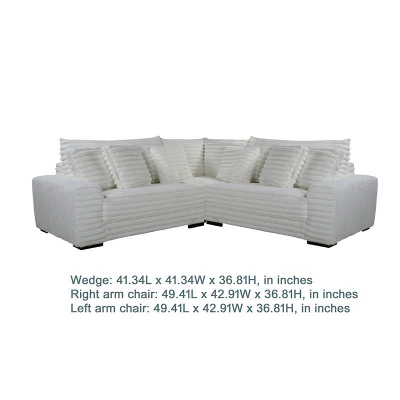 Ezo 3pc Modular Sectional Sofa Set- 6 Pillows- White Ribbed Polyester