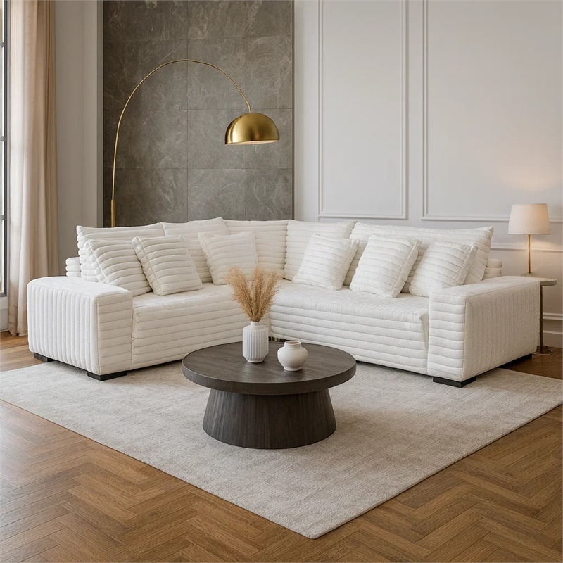 Ezo 3pc Modular Sectional Sofa Set- 6 Pillows- White Ribbed Polyester