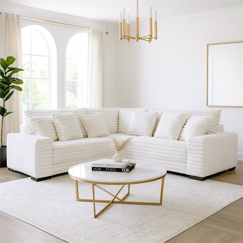 Ezo 3pc Modular Sectional Sofa Set- 6 Pillows- White Ribbed Polyester