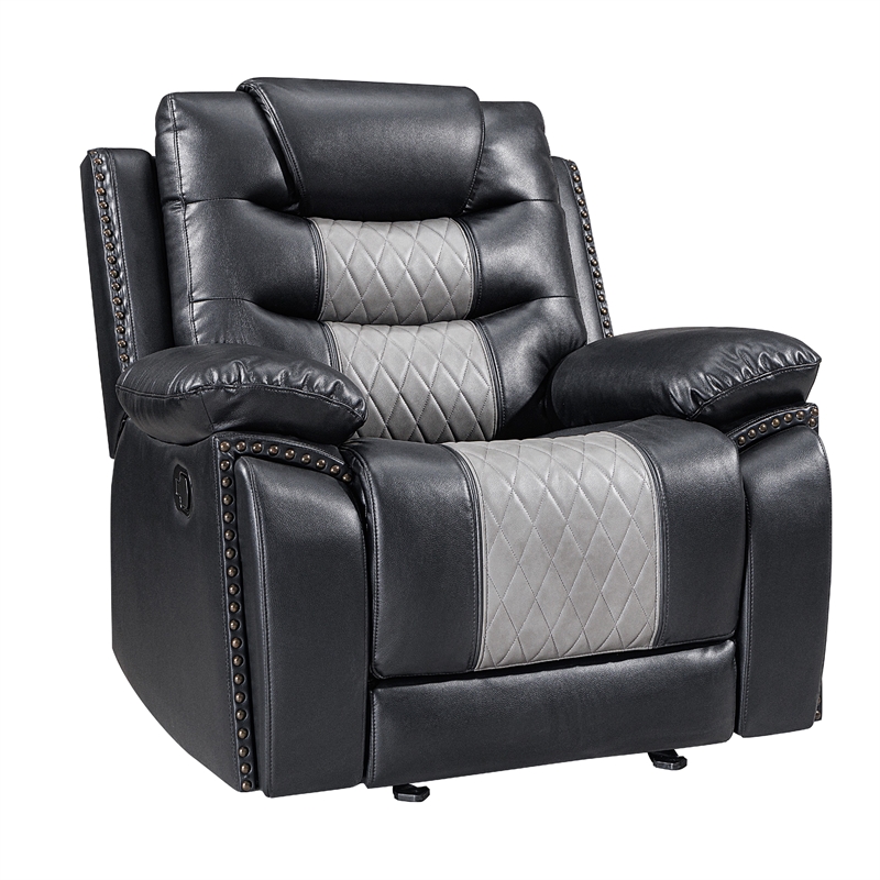Asher 3pc Manual Recliner Sofa- Loveseat- Chair Set- Black & Gray Faux Leather