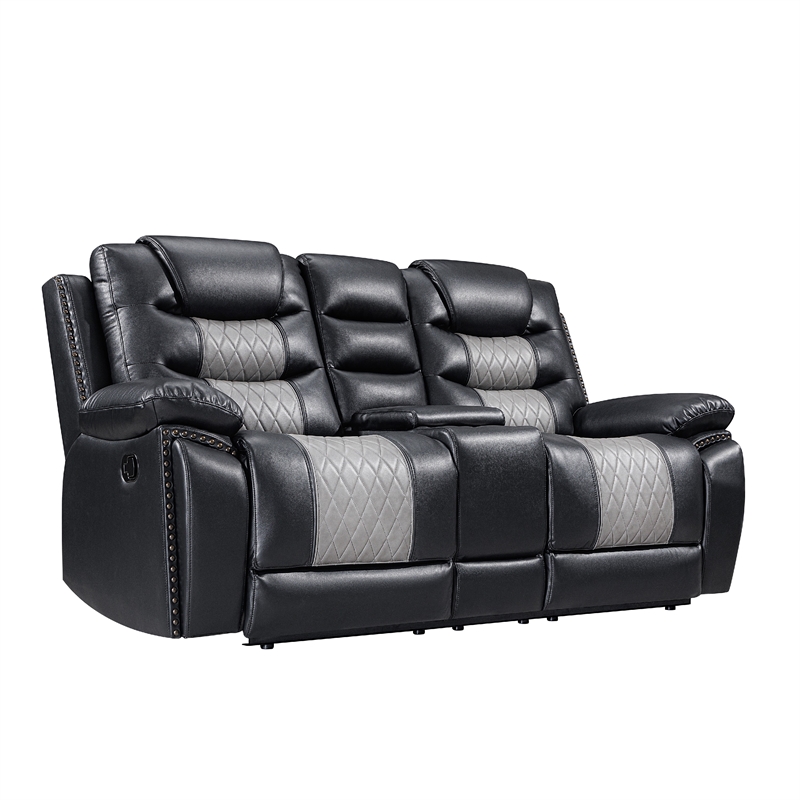 Asher 3pc Manual Recliner Sofa- Loveseat- Chair Set- Black & Gray Faux Leather