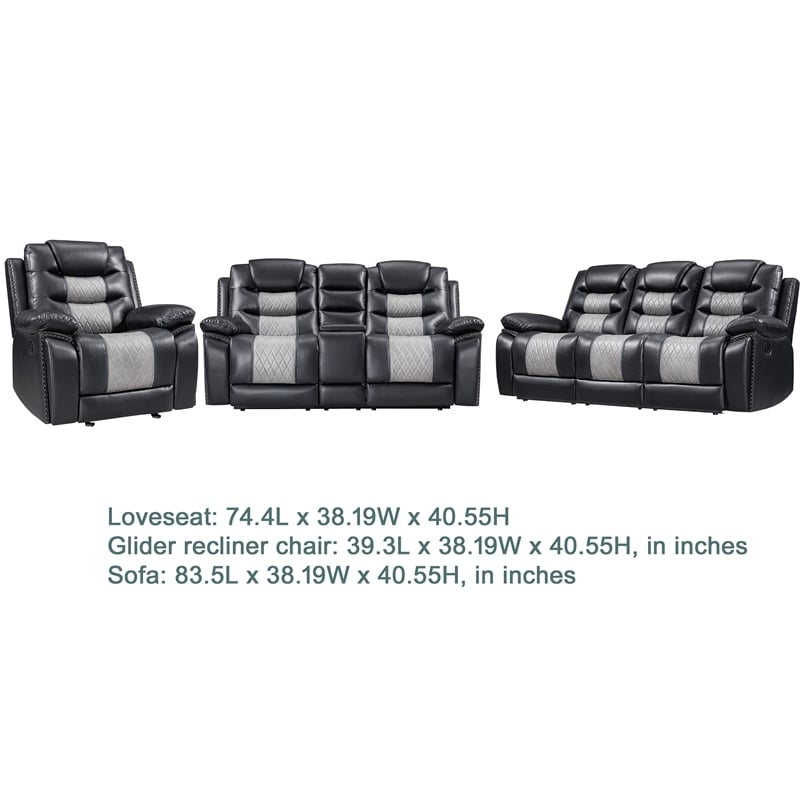 Asher 3pc Manual Recliner Sofa- Loveseat- Chair Set- Black & Gray Faux Leather