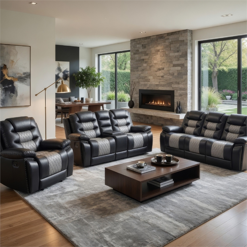 Asher 3pc Manual Recliner Sofa- Loveseat- Chair Set- Black & Gray Faux Leather