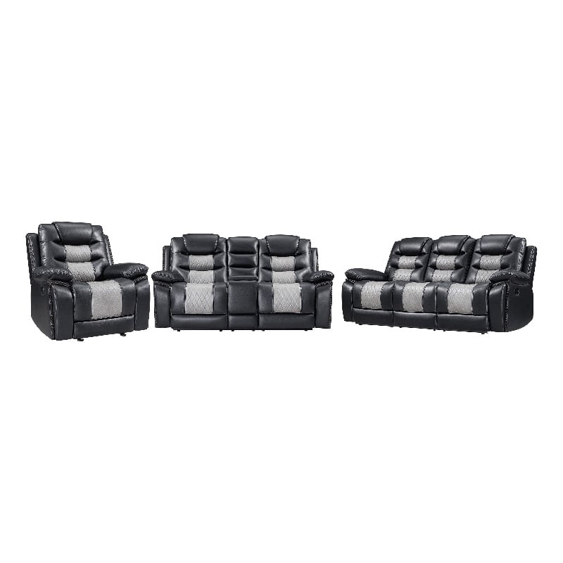 Asher 3pc Manual Recliner Sofa- Loveseat- Chair Set- Black & Gray Faux Leather