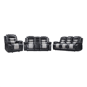 Asher 3pc Manual Recliner Sofa- Loveseat- Chair Set- Black & Gray Faux Leather