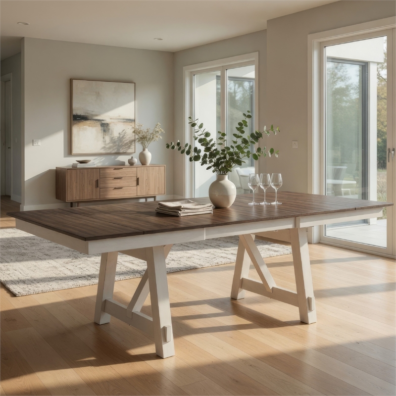 Mez Extendable Dining Table w 2 Leaves- 66-95 Inch Brown Wood Top- White