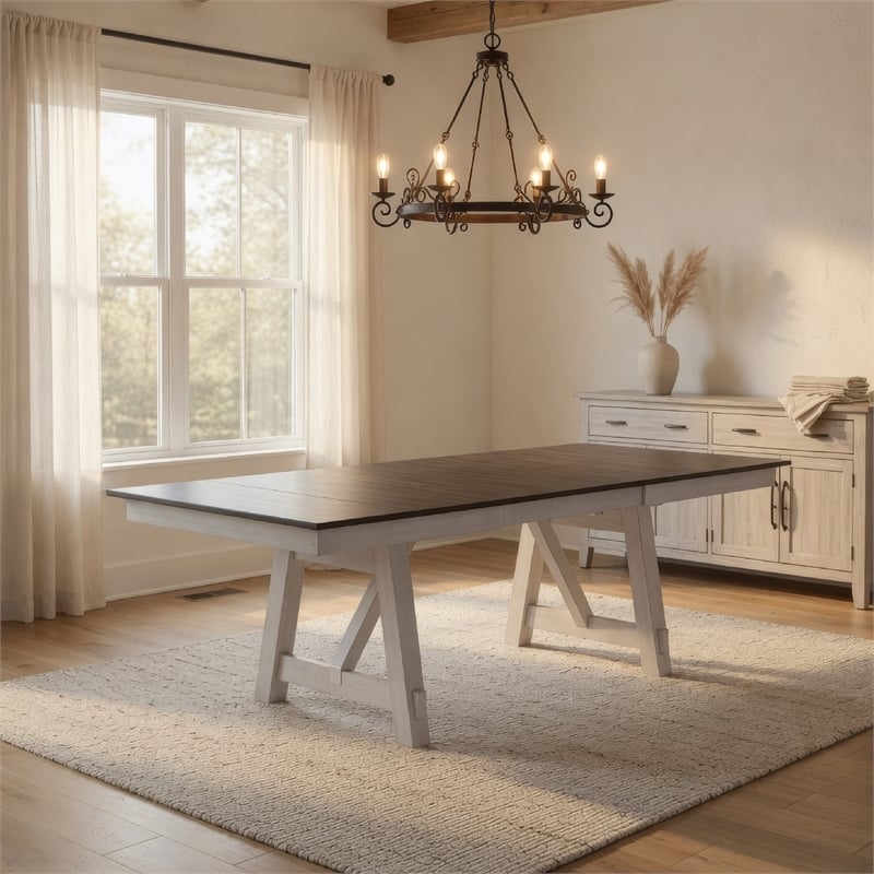 Mez Extendable Dining Table w 2 Leaves- 66-95 Inch Brown Wood Top- White