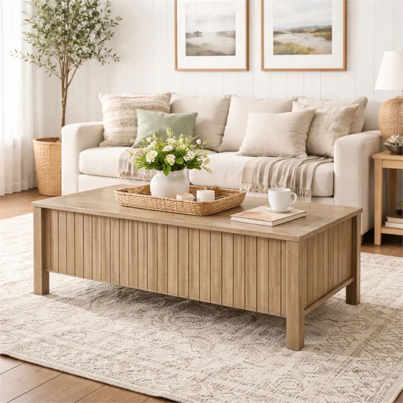 Hay Coffee Table- 47 Inch Rectangular Top- 2 Reeded Drawers- Beige