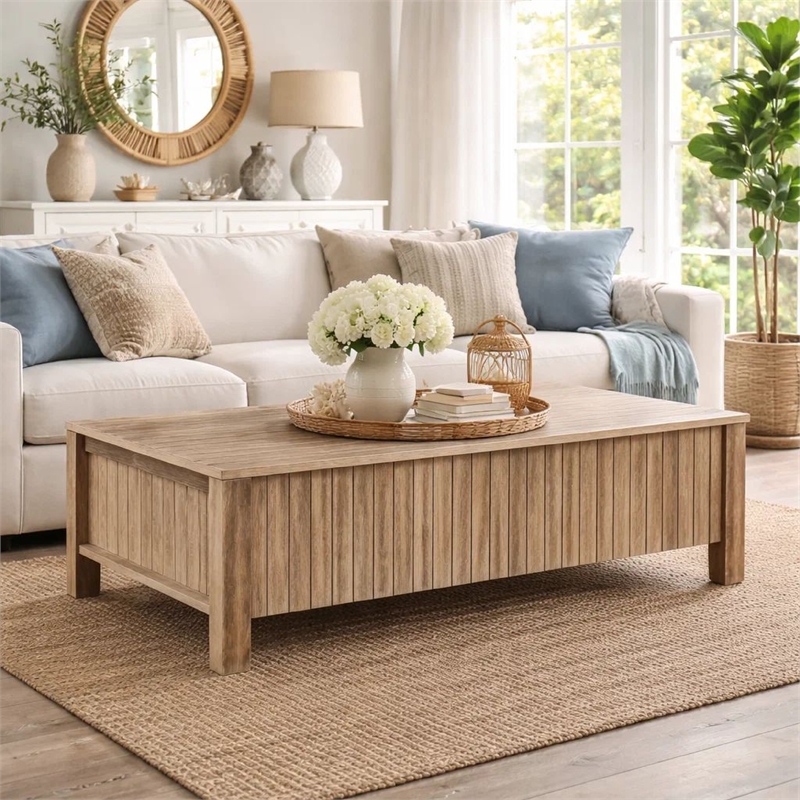 Hay Coffee Table- 47 Inch Rectangular Top- 2 Reeded Drawers- Beige