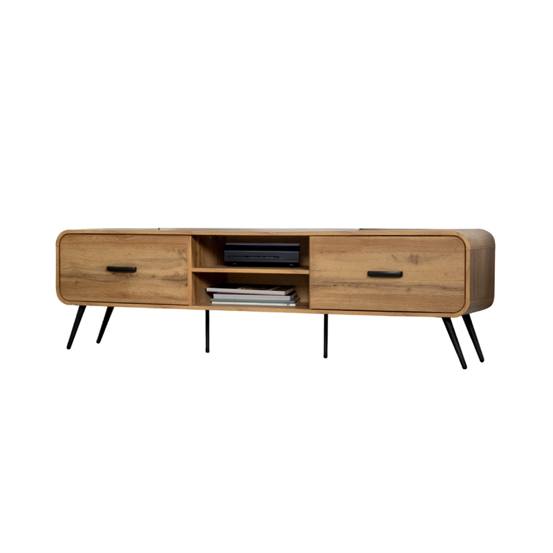 Wea TV Media Console- 71 Inch- 2 Drawers w Open Shelves- Oak Brown