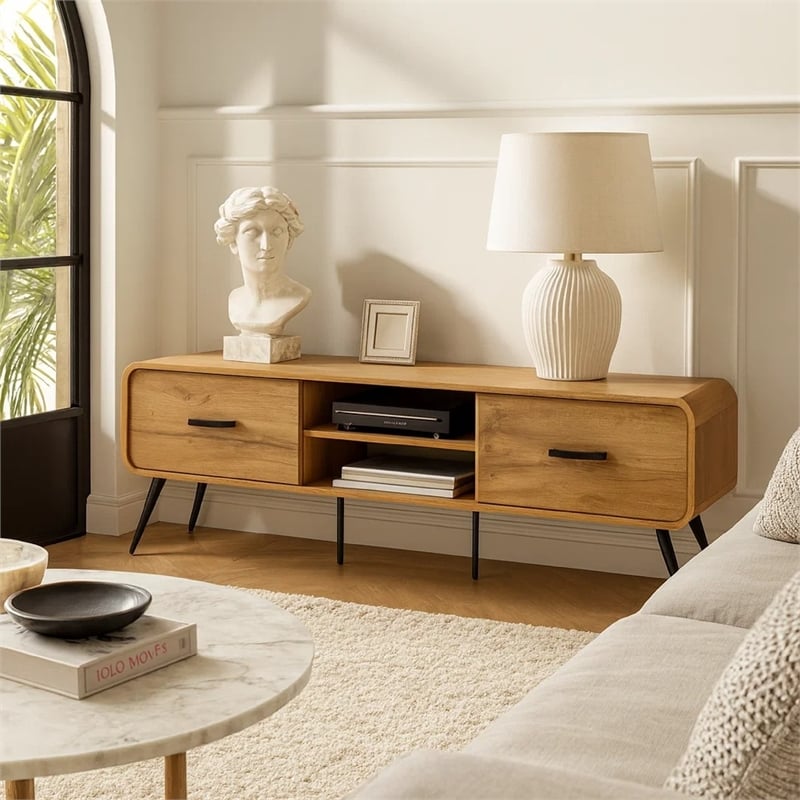 Wea TV Media Console- 71 Inch- 2 Drawers w Open Shelves- Oak Brown