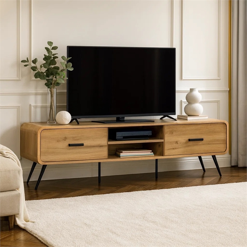 Wea TV Media Console- 71 Inch- 2 Drawers w Open Shelves- Oak Brown