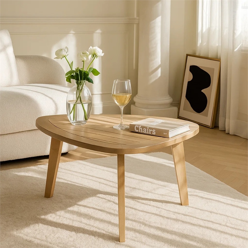 Outdoor Side End Table- 28 Inch Slatted Triangle Top- Natural Brown