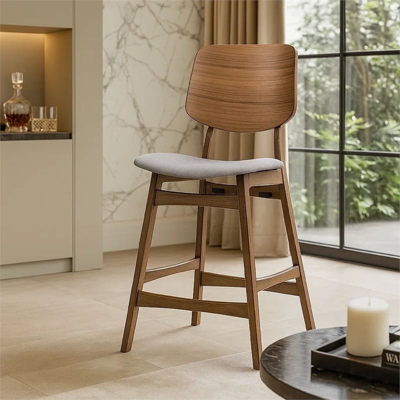 Scar Counter Height Chair Set of 2- Light Gray Cushion- Walnut Brown