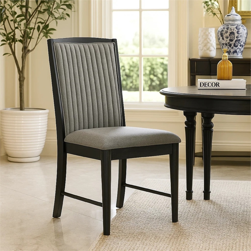 Sevy Dining Side Chair Set of 2- Gray Ribbed Back- Black Rubberwood