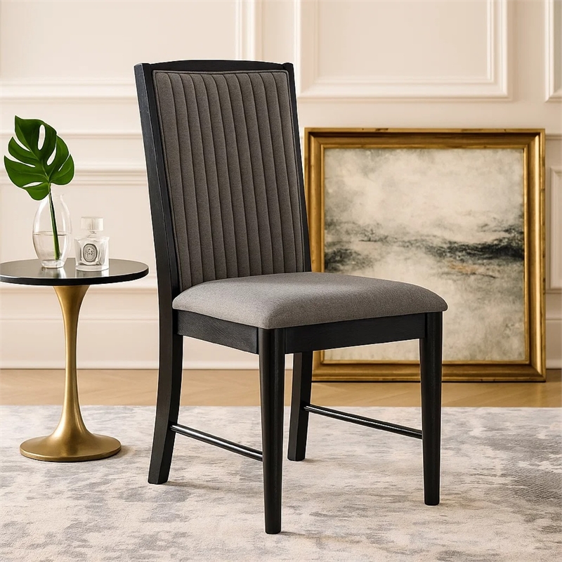 Sevy Dining Side Chair Set of 2- Gray Ribbed Back- Black Rubberwood