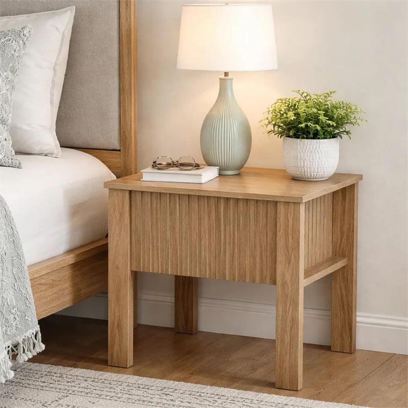 Modern Side End Table- 1 Drawer- Natural Oak Brown- 22x16 Inch Top