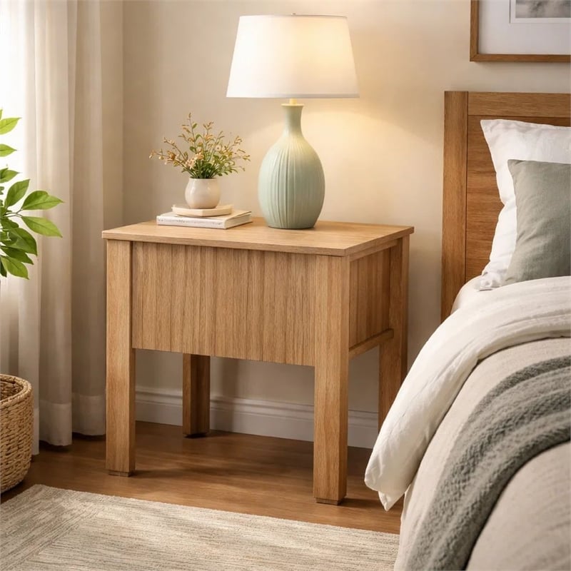 Modern Side End Table- 1 Drawer- Natural Oak Brown- 22x16 Inch Top