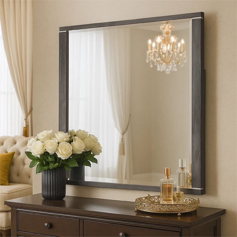 Odiy Vanity Dresser Mirror- Charcoal Gray- 42 Inch Solid Pine Wood