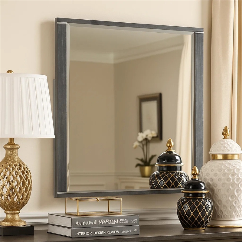 Odiy Vanity Dresser Mirror- Charcoal Gray- 42 Inch Solid Pine Wood