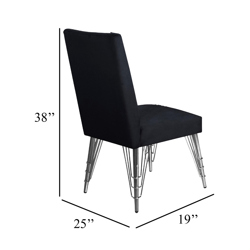 Zoe Dining Side Chair Set of 2- Black Velvet Upholstery- Chrome Legs