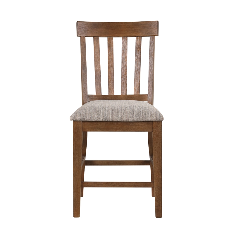 Counter Height Chair Set of 2- Brown Slatted Back- Gray Polyester